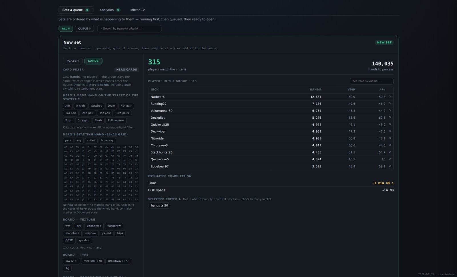 Card filter tab in the group builder